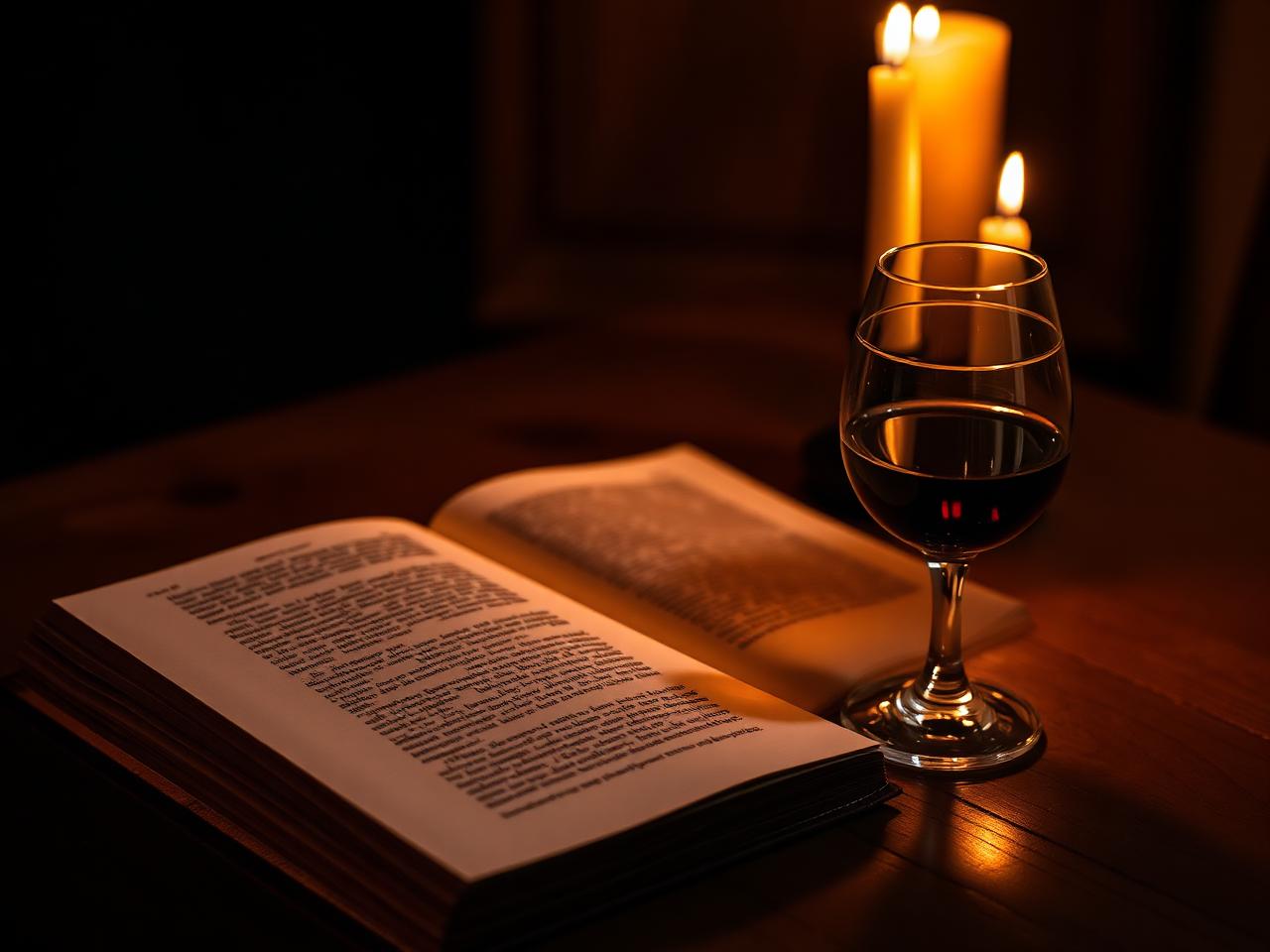 An open book beside a glass of red wine on an oak table, warm candlelight